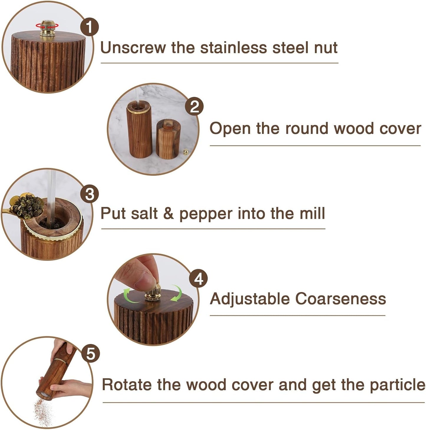 Wooden Pepper Grinder Pepper Mill,Adjustable Coarseness Salt Pepper Grinder Shaker Pepper Grinder Refillable,Acacia Wood Salt Grinder for Your Kitchen