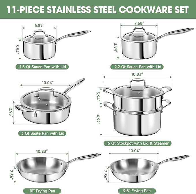 3 Ply Stainless Steel 11-Piece Cookware Set with Lids, Pots and Pans Kitchen Set, Non-Toxic, Induction, Oven, Dishwasher Safe, Professional Chef Quality