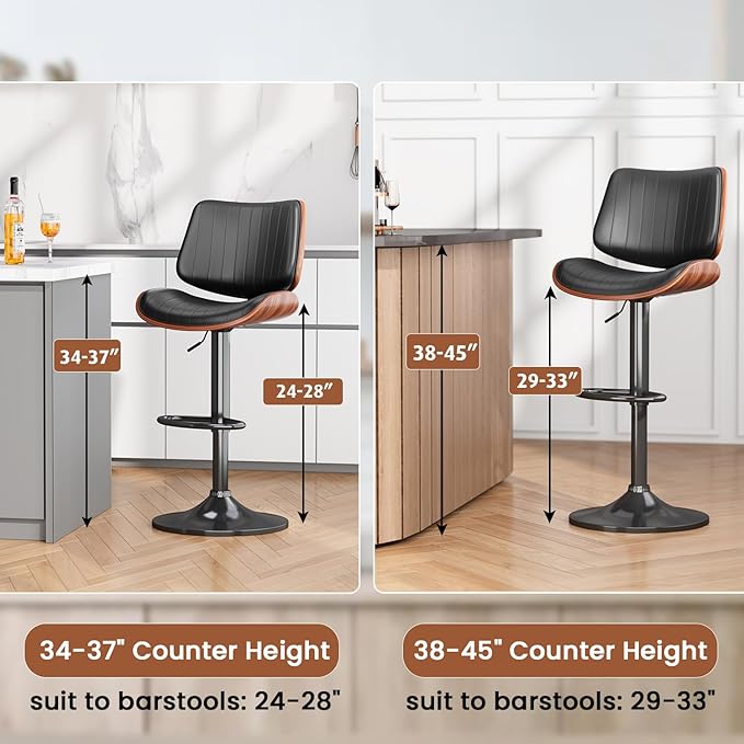 Swivel Bar Stools Set of 3, Adjustable Bentwood Barstools for Kitchen Counter, Modern PU Leather Upholstered Bar Chair with Back and Footrest, for Kitchen Island, Bar, Dining Room, Black