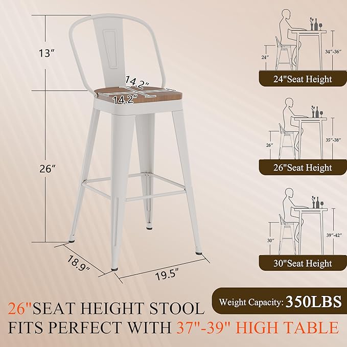 Aklaus Swivel Metal Bar Stools 26 inch Swivel Counter Height Barstools Set of 2 Modern Farmhouse Bar Chairs with High Backs and Large Wooden Seat for Kitchen Island Dining Room Cream White