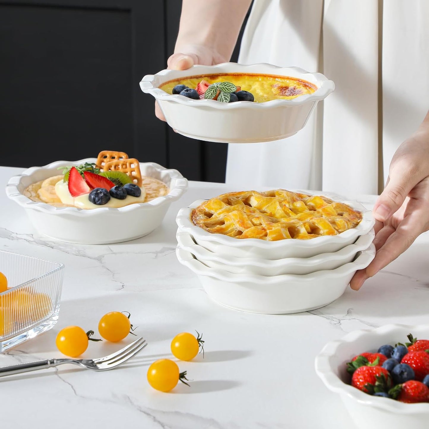 MALACASA Ceramic Mini Pie Pans Set of 6, 6 Inch Pie Plates for Baking with Ruffled Edge, Small Quiche Baking Dish Pans Tart Pans, Individual Pot Pie Plates, Microwave & Oven Safe, White