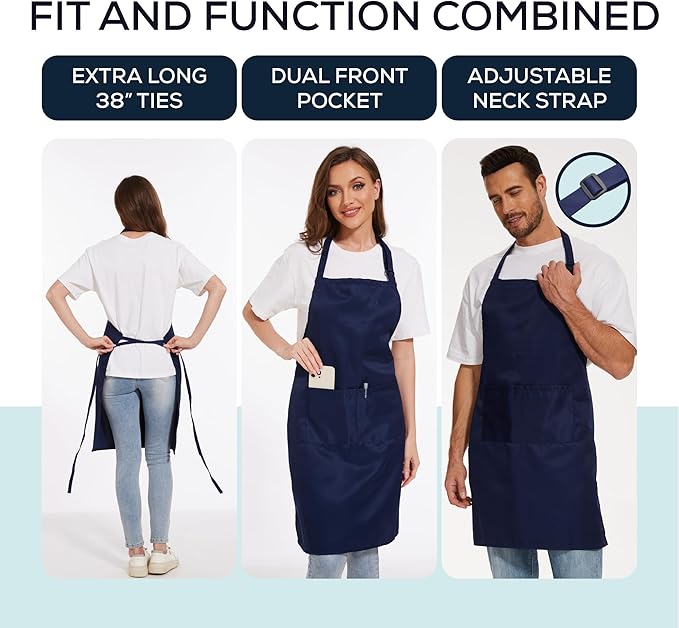 Will Well Kitchen Apron for Men and Women - 33" x 27" Oil-and-Water-Resistant with Adjustable Neck Strap and 38" Waist Ties for a Snug Fit, Lightweight with 2 Front Pockets - 2-Pack, Navy