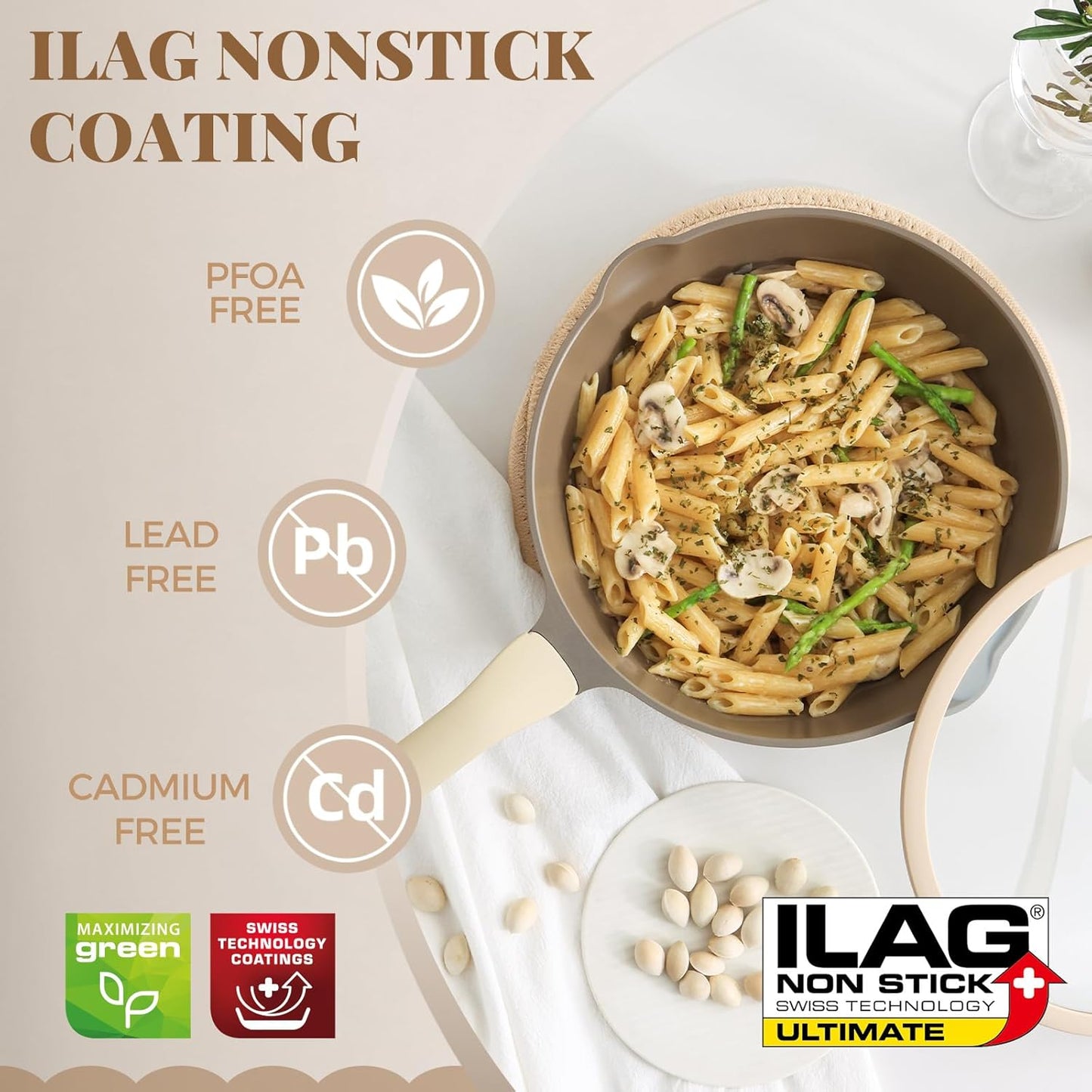 Nonstick Frying Pan, 8/10/12 Inch Stain/Scratch/Crack Proof Chef Pan, Healthy Skillet, PFOA Free Omelet Pan, Dishwasher & Oven Safe, Induction Compatible (12-Inch, Natural Linen)