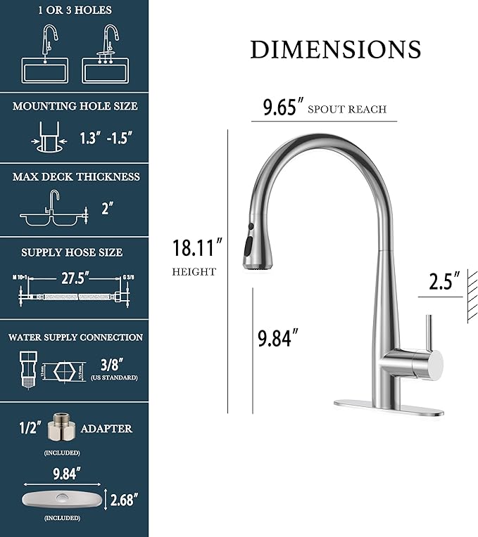 High Arc Pull Out Kitchen Faucet, Brushed Nickel Faucet, 1 or 3 Holes Kitchen Sink Bar Faucets with Pull Down Sprayer