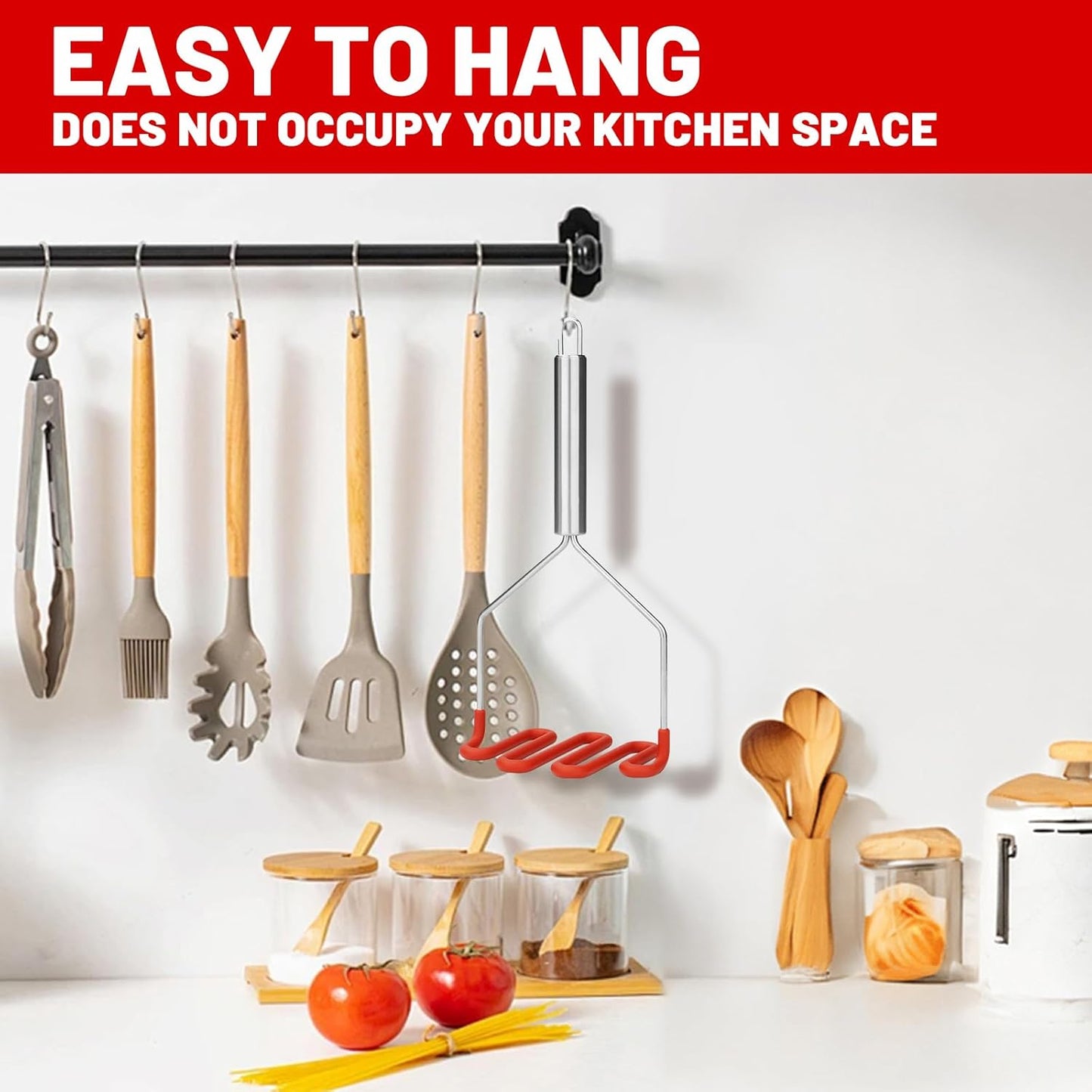 SHIKORI Non-Scratch Silicone Potato Masher Kitchen Tool, Potatoes Masher Potato Masher Stainless Steel Wrapped In Premium Silicone, Potato Smasher 2 Pcs-Red