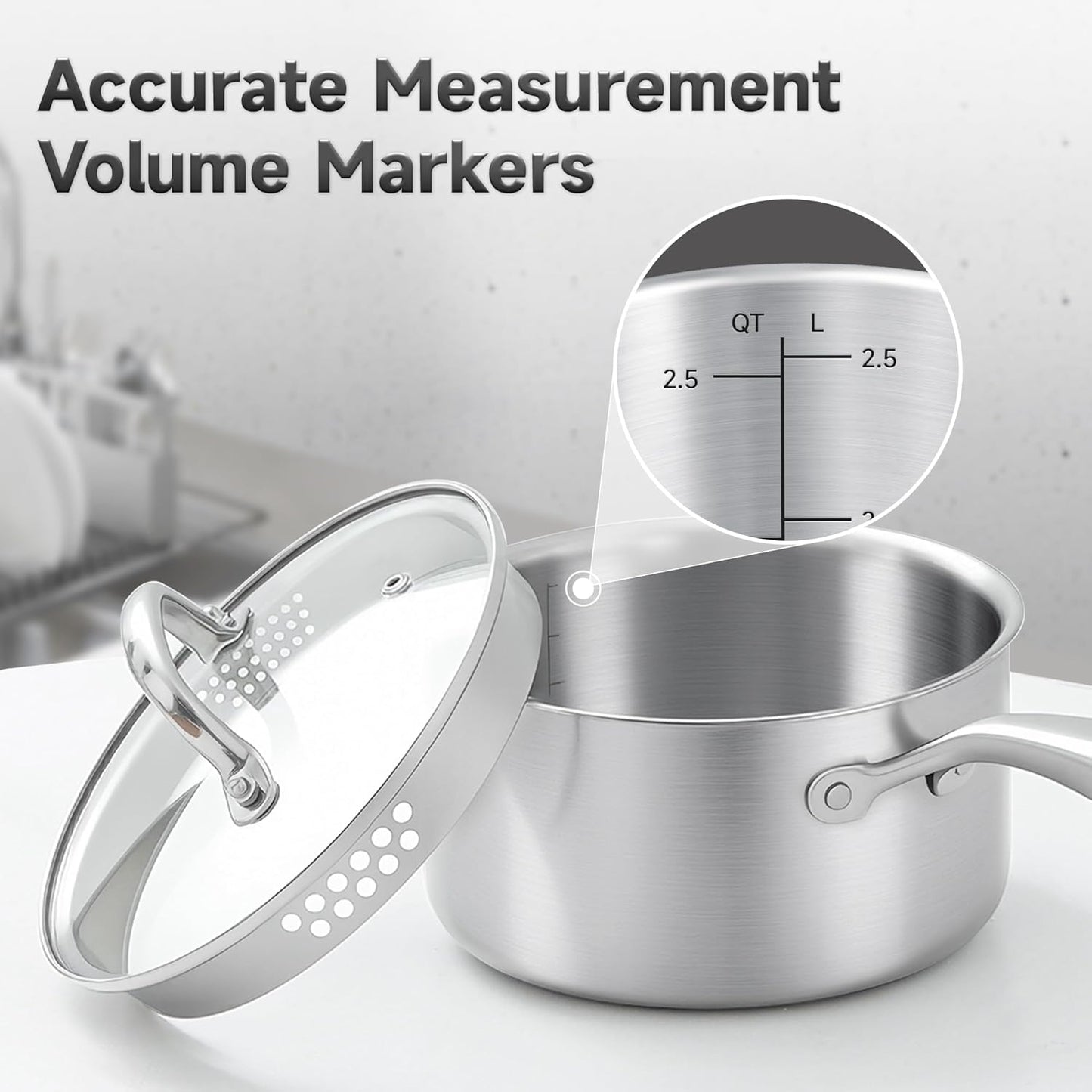 2.5 Quart Stainless Steel Saucepan with Steamer Basket, Tri-ply Full Body, Multipurpose Sauce Pot with Two-Size Drainage Holes Lid, Perfect For Boiling Gravies, Pasta, Noodles