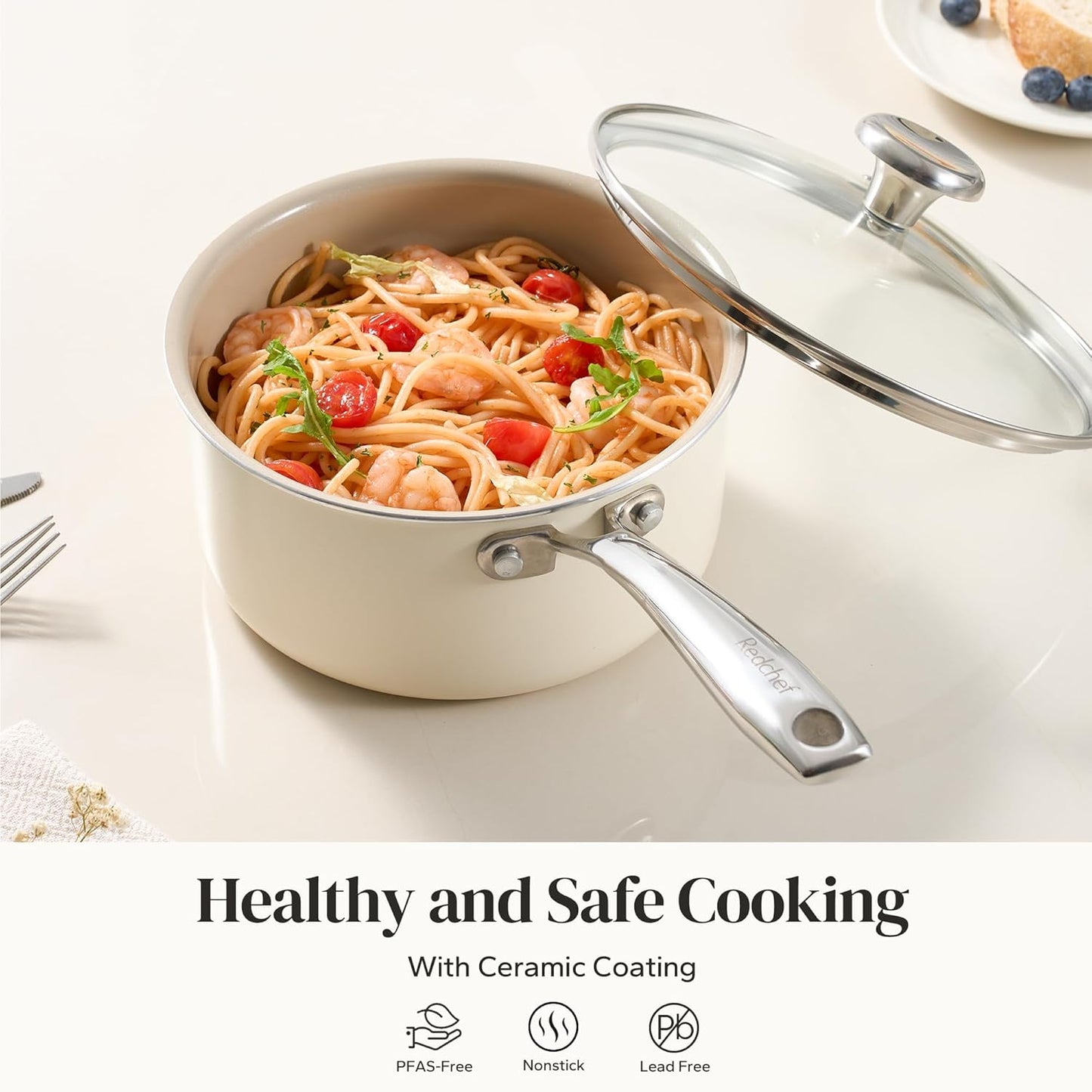 Redchef Ceramic Sauce Pan with Lid, 2.5QT Small Saucepan, Nonstick Cooking Pot with Stay-Cool Handle, Kitchen Non Toxic Soup Pot, PTFE & PFOA Free, Oven Dishwasher Safe, Compatible All Stovetops-Beige
