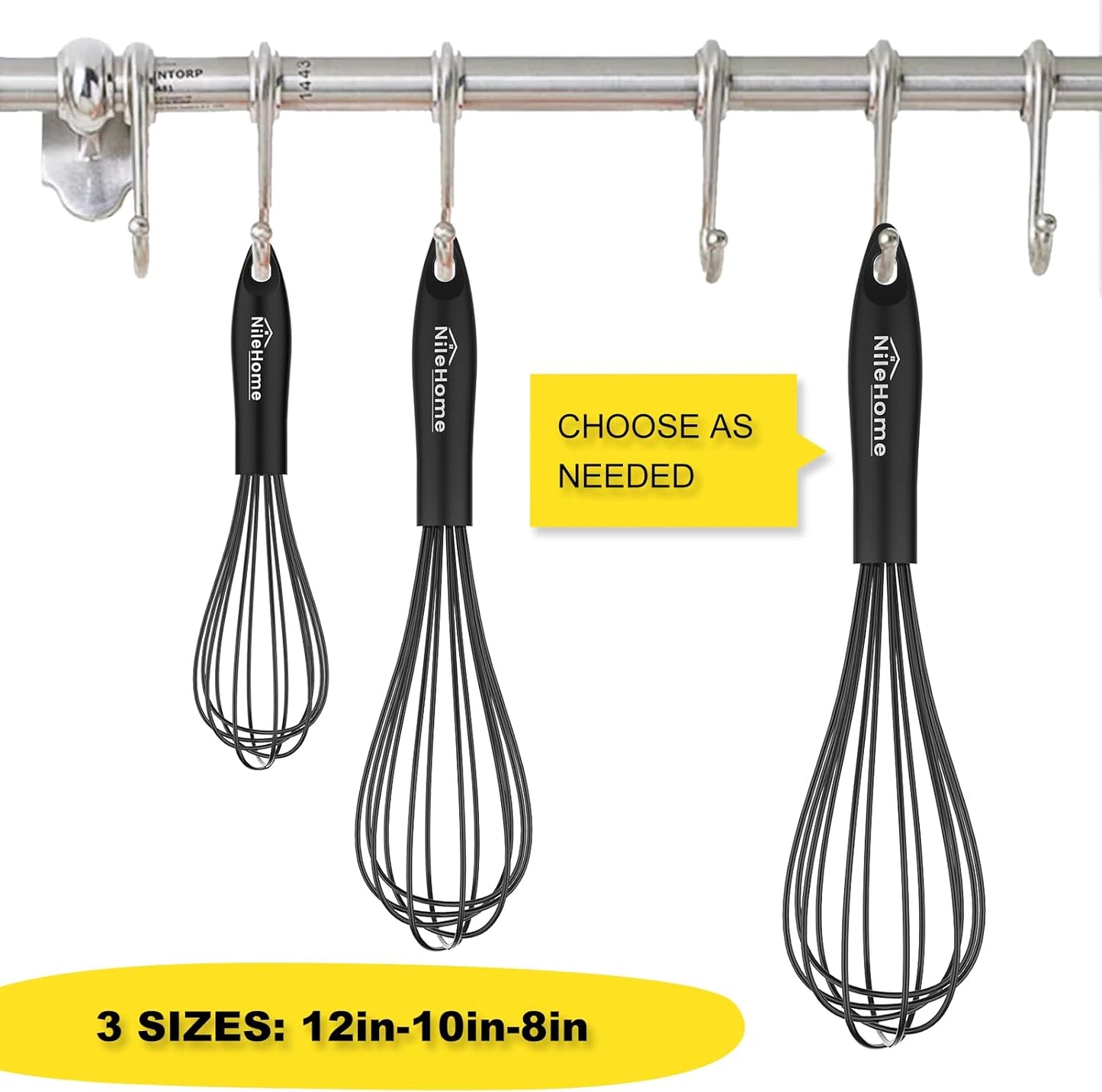 NileHome Upgrade Silicone Whisk Set 8" 10" 12" Kitchen Whisk Kitchen Wisk Wire Whisks for Cooking, Whisking, Blending, Beating, Stirring-Black