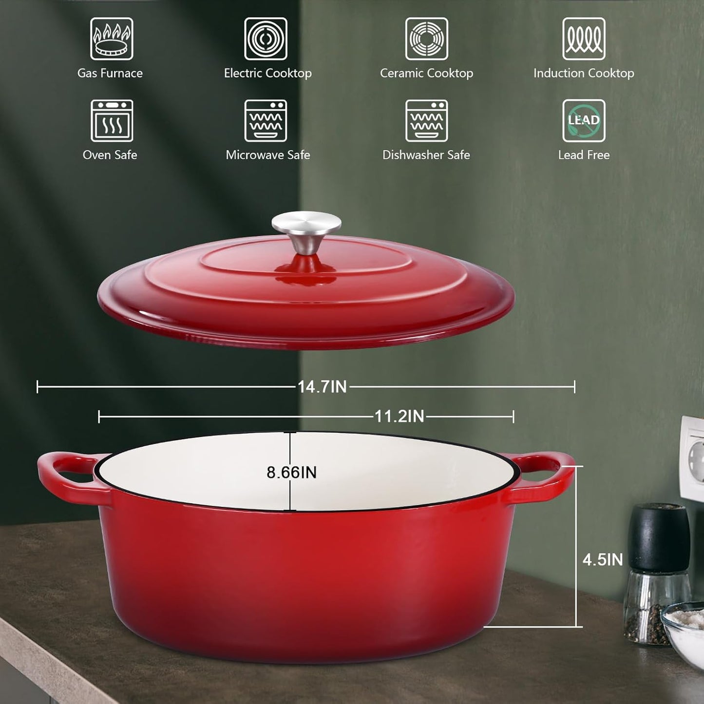 5QT Oval Dutch Oven Pot with Lid, Leonyo 5 Quart Enameled Oval Cast Iron Dutch Oven for Sourdough Bread Breaking, Heavy Duty Cookware for Braising, Stews, Roasting, Red