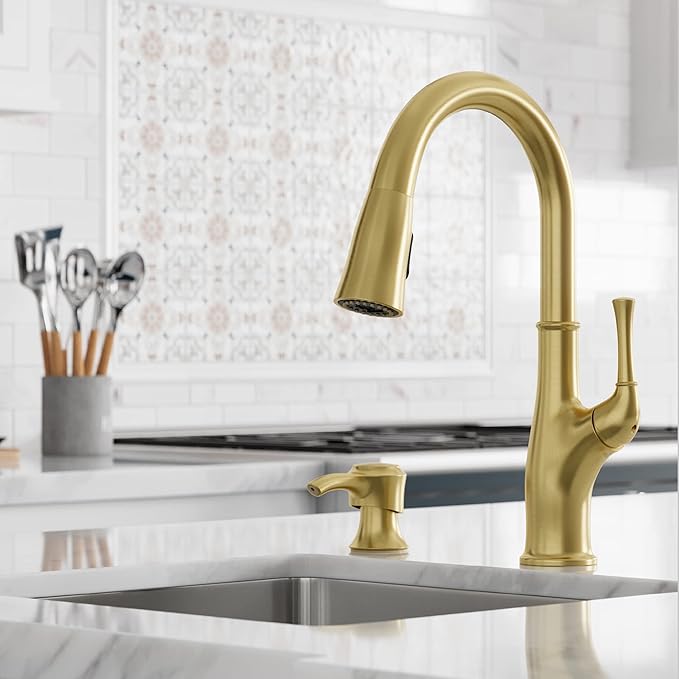 Pfister Alderwood Kitchen Faucet with Pull Down Sprayer and Soap Dispenser, Single Handle, NSF Certified, Brushed Gold Finish, F5297AWBG