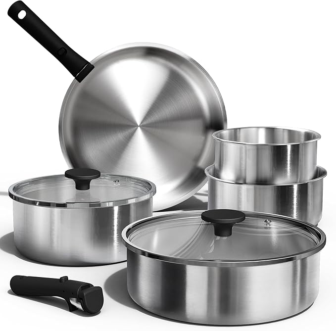 CAROTE Pots and Pans Set, Stainless Steel Cookware Set Detachable Handle, 9pcs Induction Kitchen Cookware Sets with Removable Handle, RV Cookware Set, Oven Safe