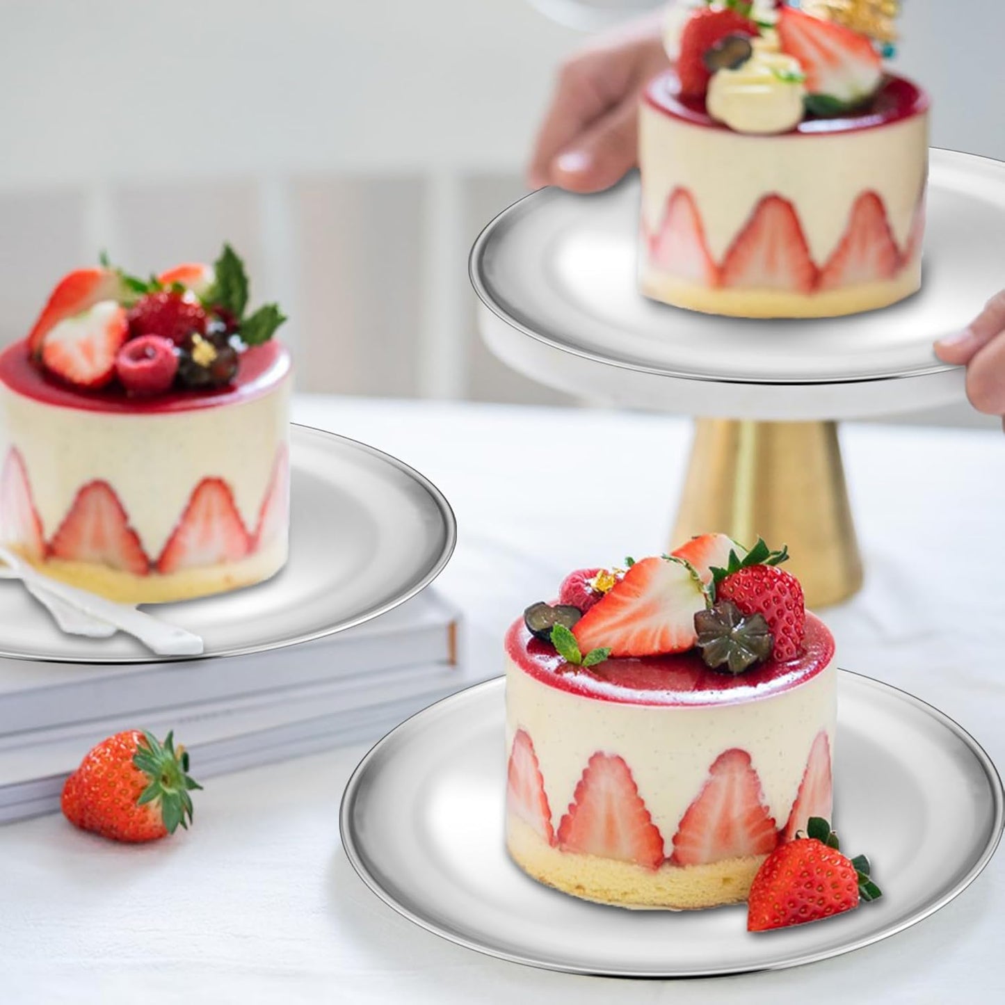 TeamFar 9 Inch Pizza Pan Set of 4, Stainless Steel Small Pizza Pie Trays, Metal Round Pizza Dish Plates for Oven Bakeware Baking Cooking Serving, Non-Toxic & Heavy Duty, Stackable & Dishwasher Safe