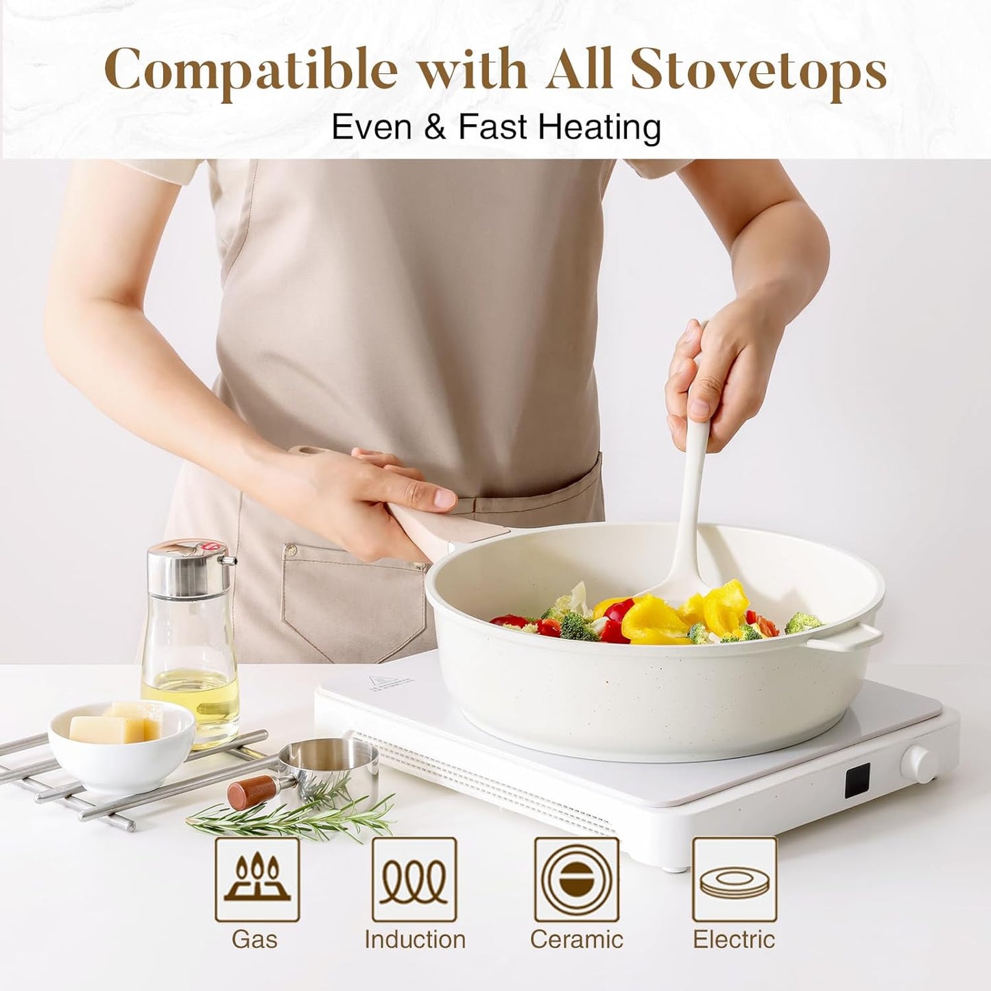 Nonstick Ceramic Deep Frying Pan, 11 Inch Non Toxic Skillet with Lid, Healthy Jumbo Cooker, Saute Pan for Cooking, Induction Cookware, PFOA & PFAS Free (Cream)