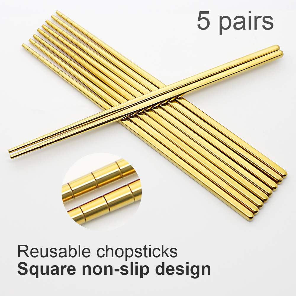 Stainless Steel Chopsticks Reusable Multicolor Lightweight 304 Metal Chopsticks Dishwasher Safe - 5 Pairs (Gold)
