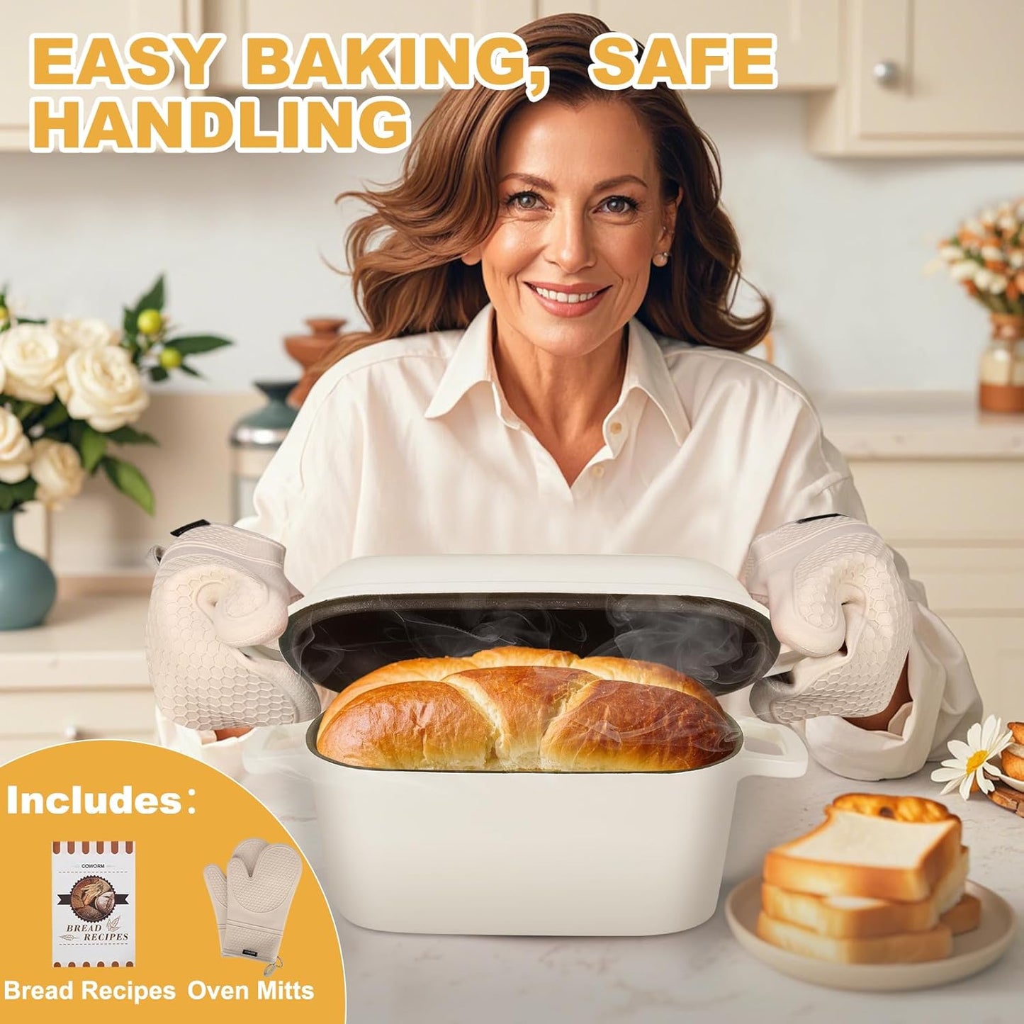 Oval Enameled Cast Iron Dutch Oven with Lid - 3.6QT Sourdough Bread Pans for Baking