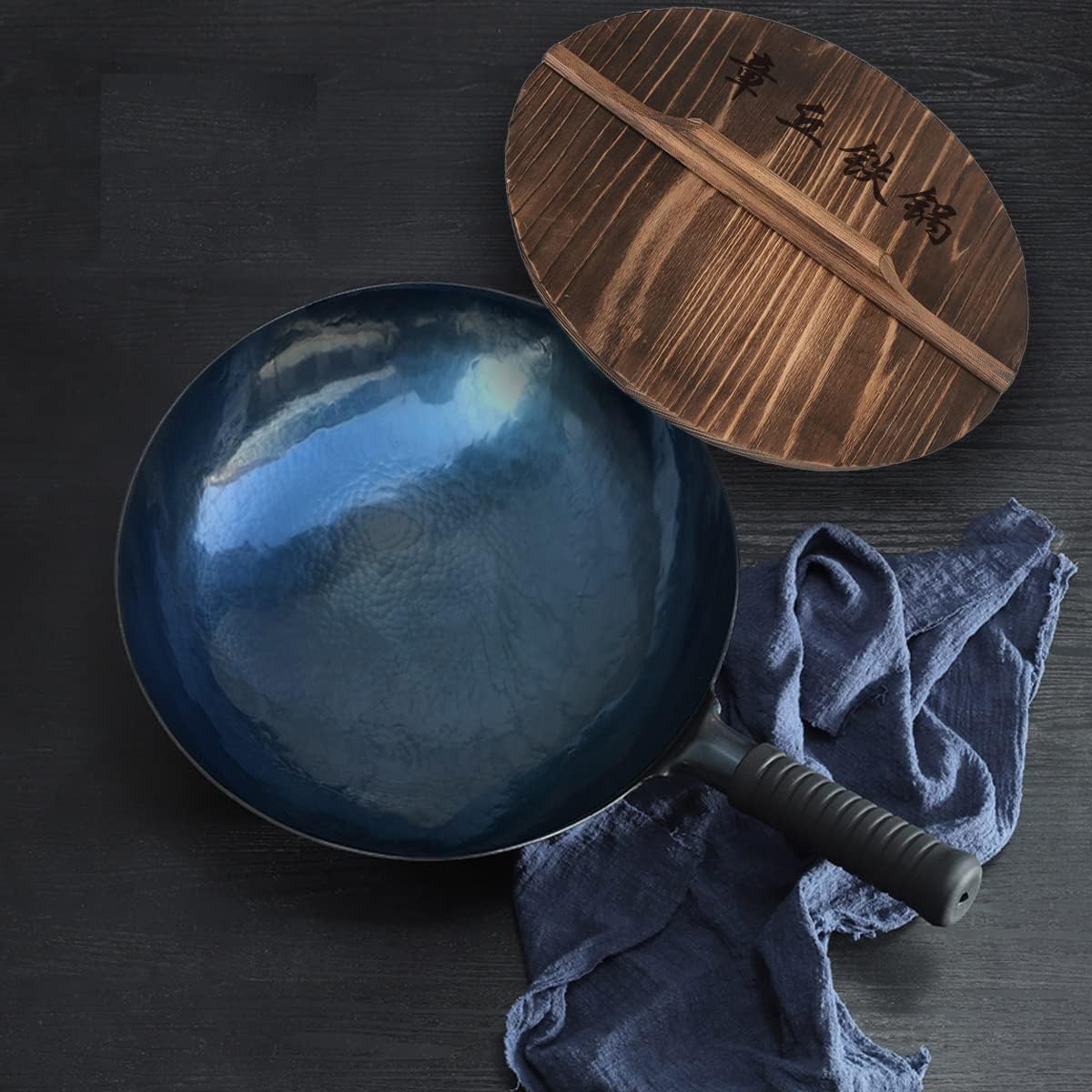 shuoguoleilei Chinese Hand Hammered Iron Woks Set, Non-Stick No Coating Preseasoned Wok Blue Round Bottom Wok Pan for Electric, Induction and Gas Stoves (Blue Black-12)