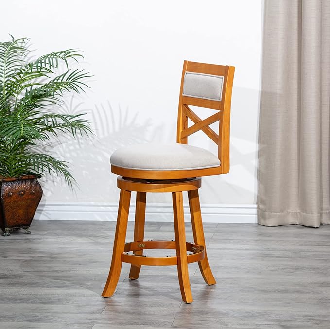 DTY Indoor Living Meeker X Back Fabric Swivel Stool, 30” Bar Height, Natural Finish, Beige Fabric Seat