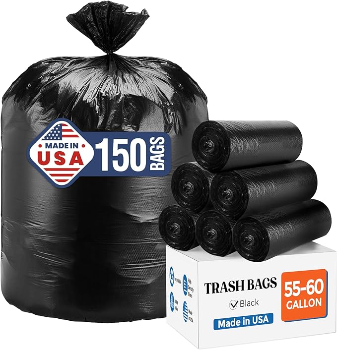 DELXO 55-60 Gallon Trash Bags, 150 Count Heavy Duty Large Black Garbage Bags, Thick Durable and Puncture-Resistant Plastic Bags for Kitchens, Yards & Offices, Made in USA