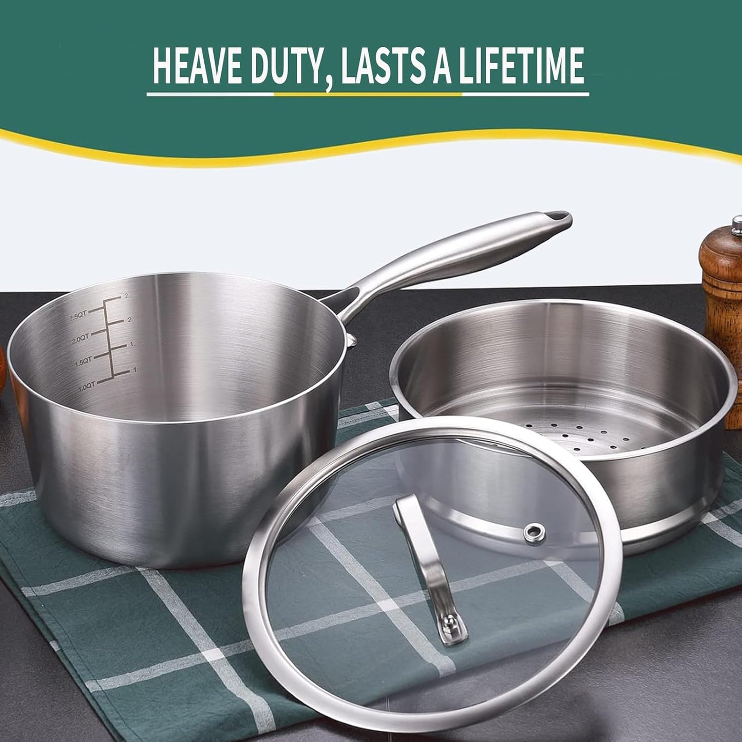 DELARLO Kitchen Tri-Ply Stainless 3-Quart Steamer Set With Glass Lid,with Ergonomic Handle, Multipurpose Sauce Pan, Sauce Pot,oven safe