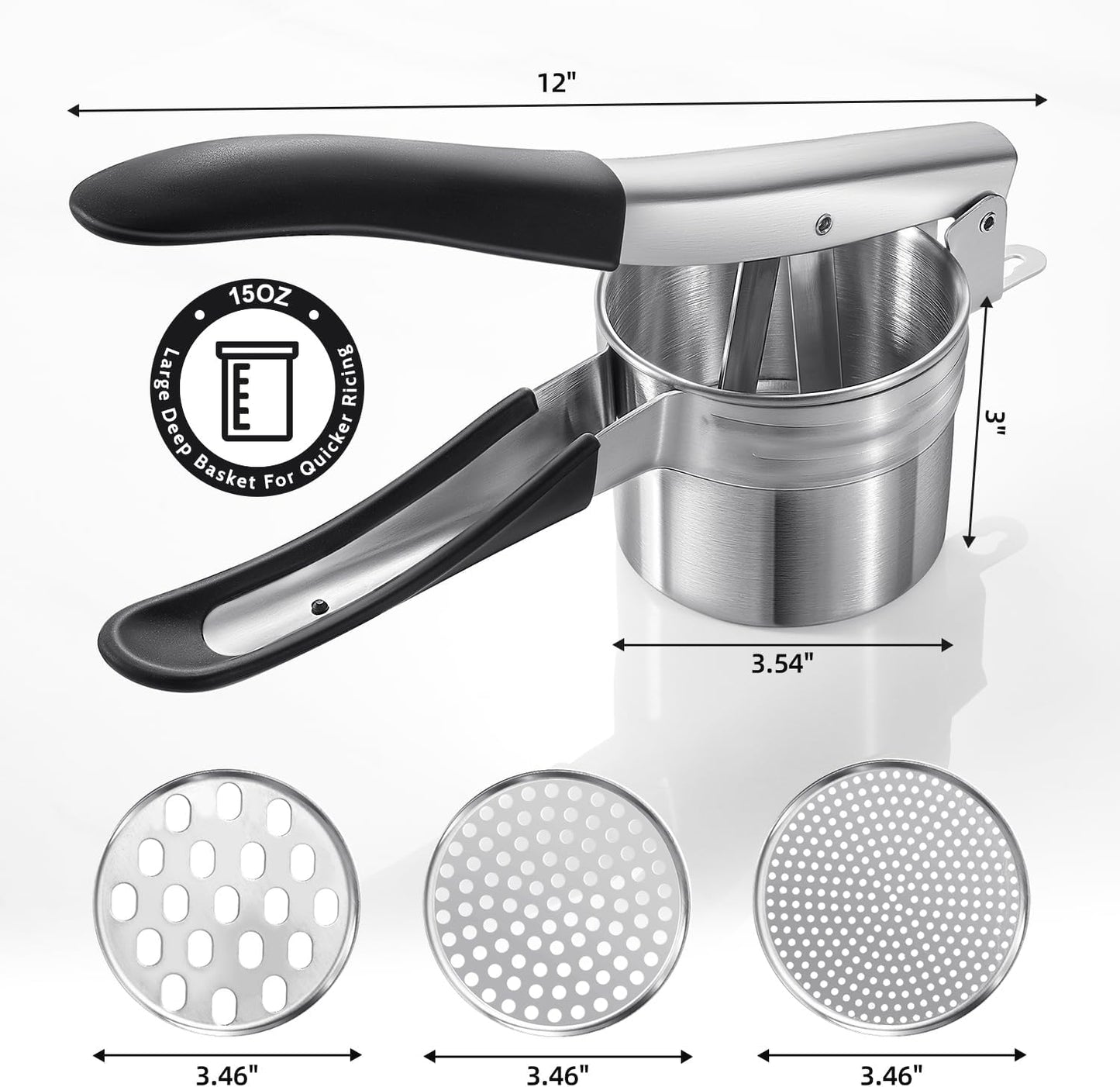 Potato Ricer, Sopito Upgraded Stainless Steel Potato Masher with 3 Interchangeable Discs, Heavy Duty Kitchen Tool Gadget