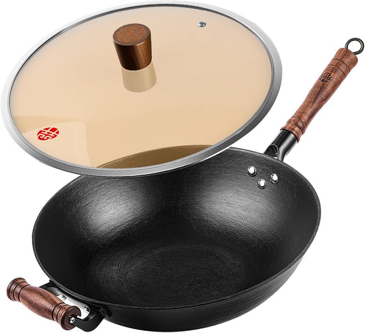 WANGYUANJI 14.2 Inch Cast Iron Wok with Glass Lid – Extra Large Flat Bottom Wok for Stir Fry, Steaming, Braising, Compatible with All Stovetops, Black