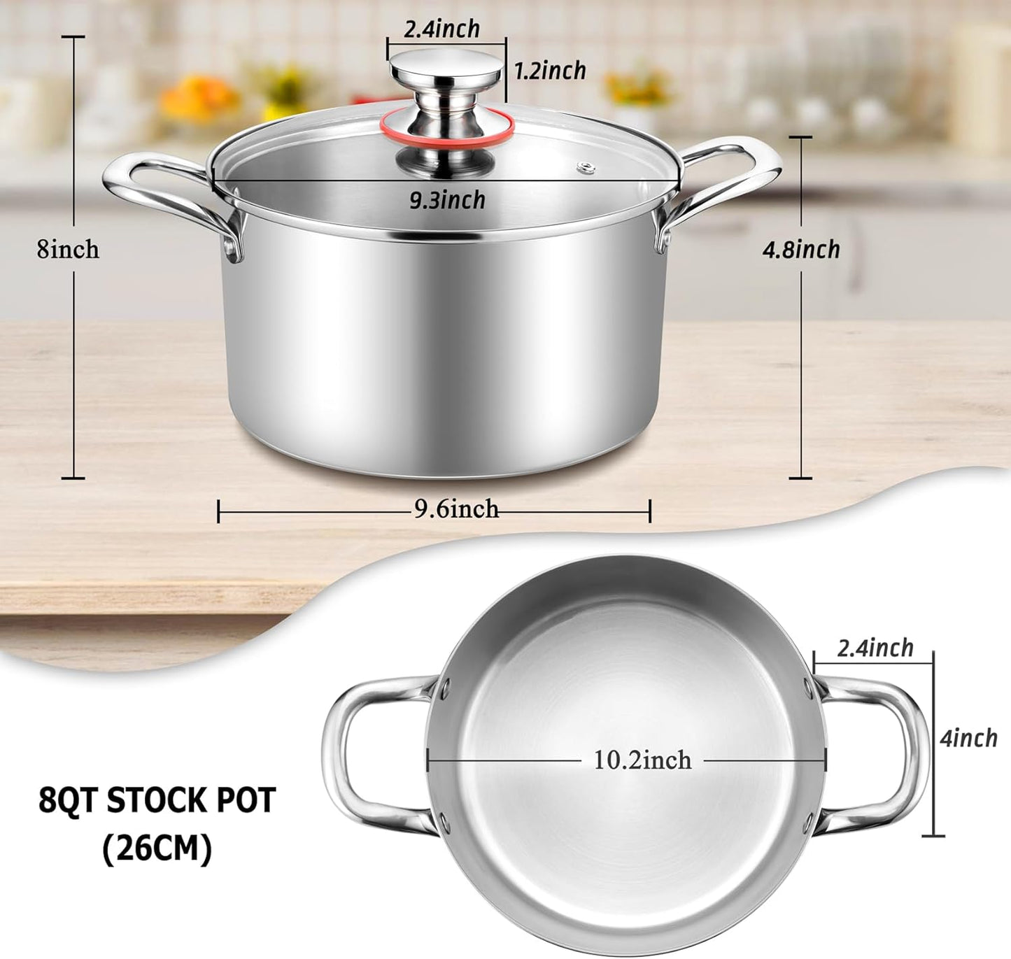 TeamFar 8 Quart Stock Pot, Stainless Steel Tri-ply Stockpot Pasta Cooking Pot with Glass Lid, for Induction Electric Gas Ceramic Stoves, Toxic Free & Heavy Duty, Double Handles & Dishwasher Safe