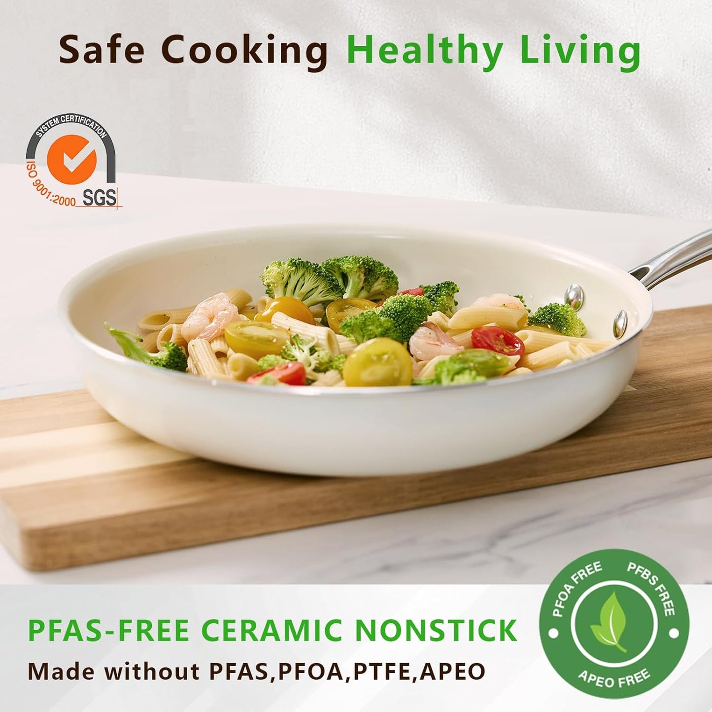 9.5" Ceramic Nonstick Frying Pan, Skillet, Cooking Pan Non Toxic with Stay Cool Handle for Induction, PTFE & PFAS & PFOA Free, Dishwasher/Oven Safe, White