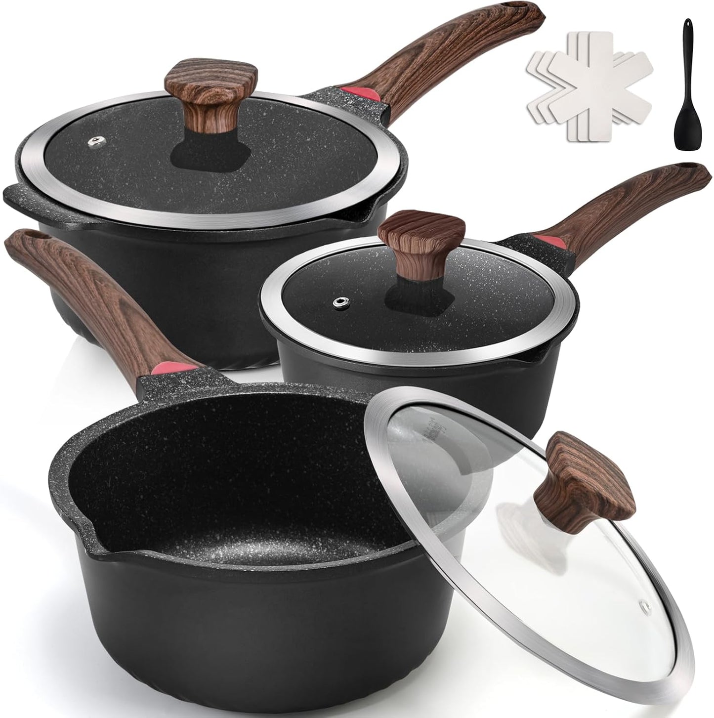 VINCHEF Sauce Pan Set with Lid 10PCS, 2QT+3QT+4QT Non Stick Sauce Pots Cooking Induction Pot set, Silicone Tools and Pot Protectors, PFAS and PFOA Free Black