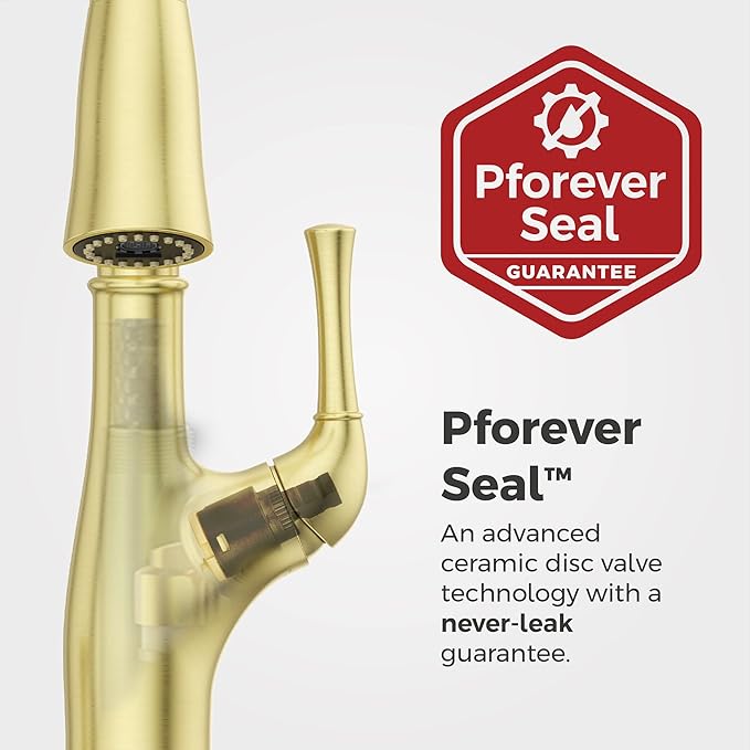 Pfister Alderwood Kitchen Faucet with Pull Down Sprayer and Soap Dispenser, Single Handle, NSF Certified, Brushed Gold Finish, F5297AWBG