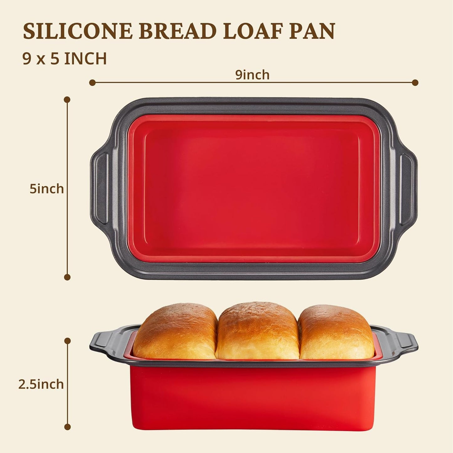BRONYPRO 9x5 Inch Non-Stick Bread Loaf Pan,Non-Toxic Silicone Baking Mold For Homemade Bread,Heavy-Duty Steel Frame,Dishwasher Safe-Red