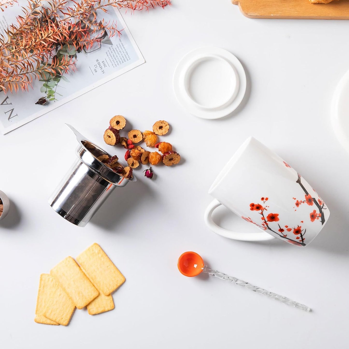 Sweejar Porcelain Tea Mug with Infuser and Lid,Teaware with Filter, Loose Leaf Tea Cup Steeper Maker, 16 Fl Oz for Tea/Coffee/Milk/Women/Office/Home/Gift (Plum Blossom)