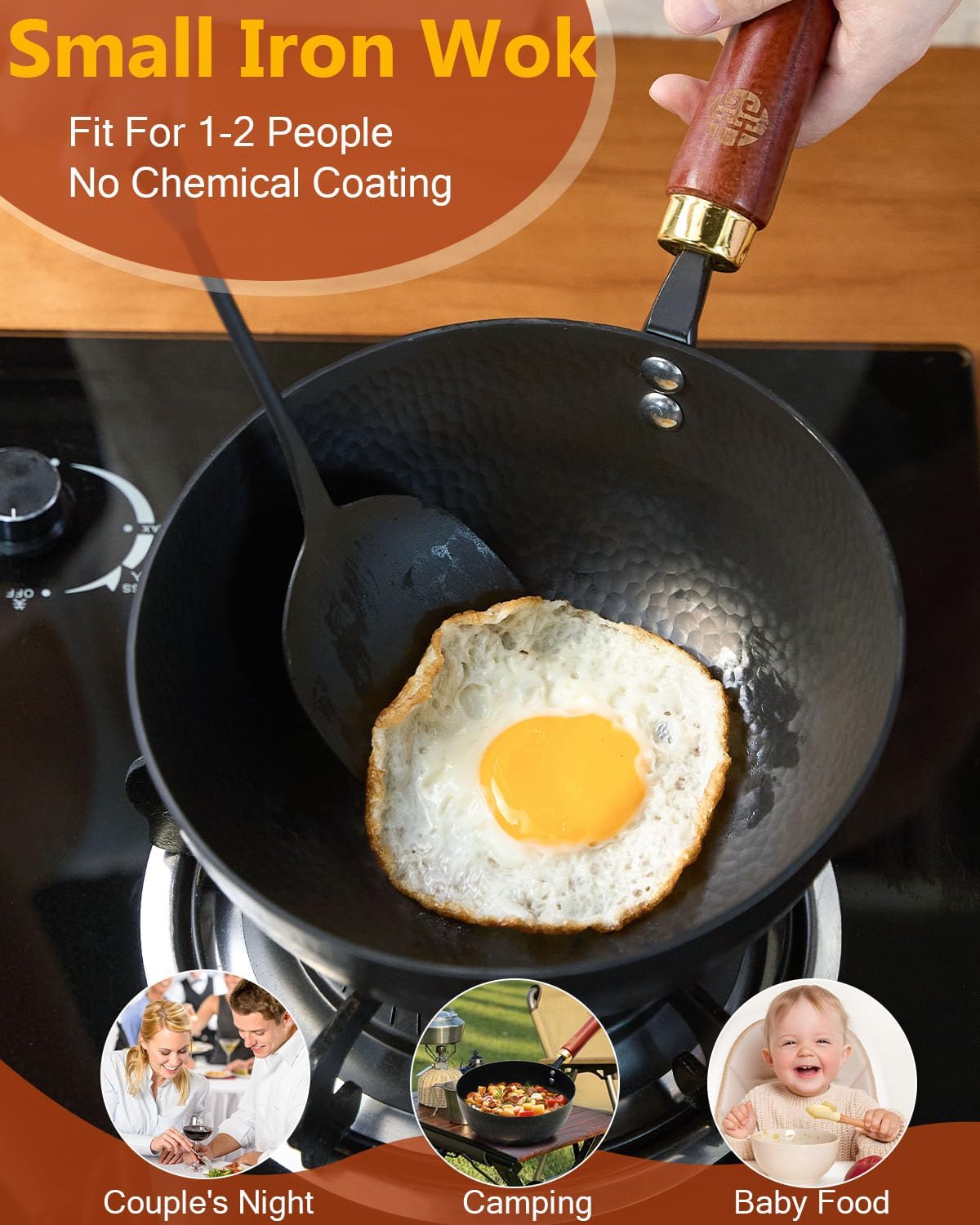 WANGYUANJI Iron Wok,Non-Coated Flat Bottom Small Wok,8.6-Inch Wrought Iron Wok with Lid and Spatula,Stir-Fry Pans Pure Iron Cookware Compatible with Induction, Gas, and Electric Ceramic Cooktops