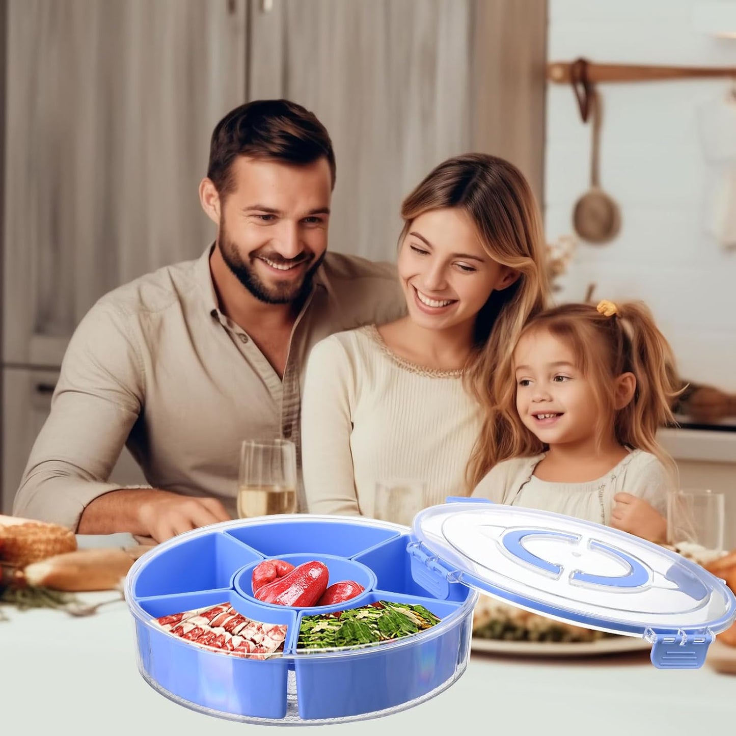 Round Divided Serving Tray with Lid, Rotating Snack Container, Dishwasher Safe Food Organizer for Fruits, Candy, Nuts, Vegetables