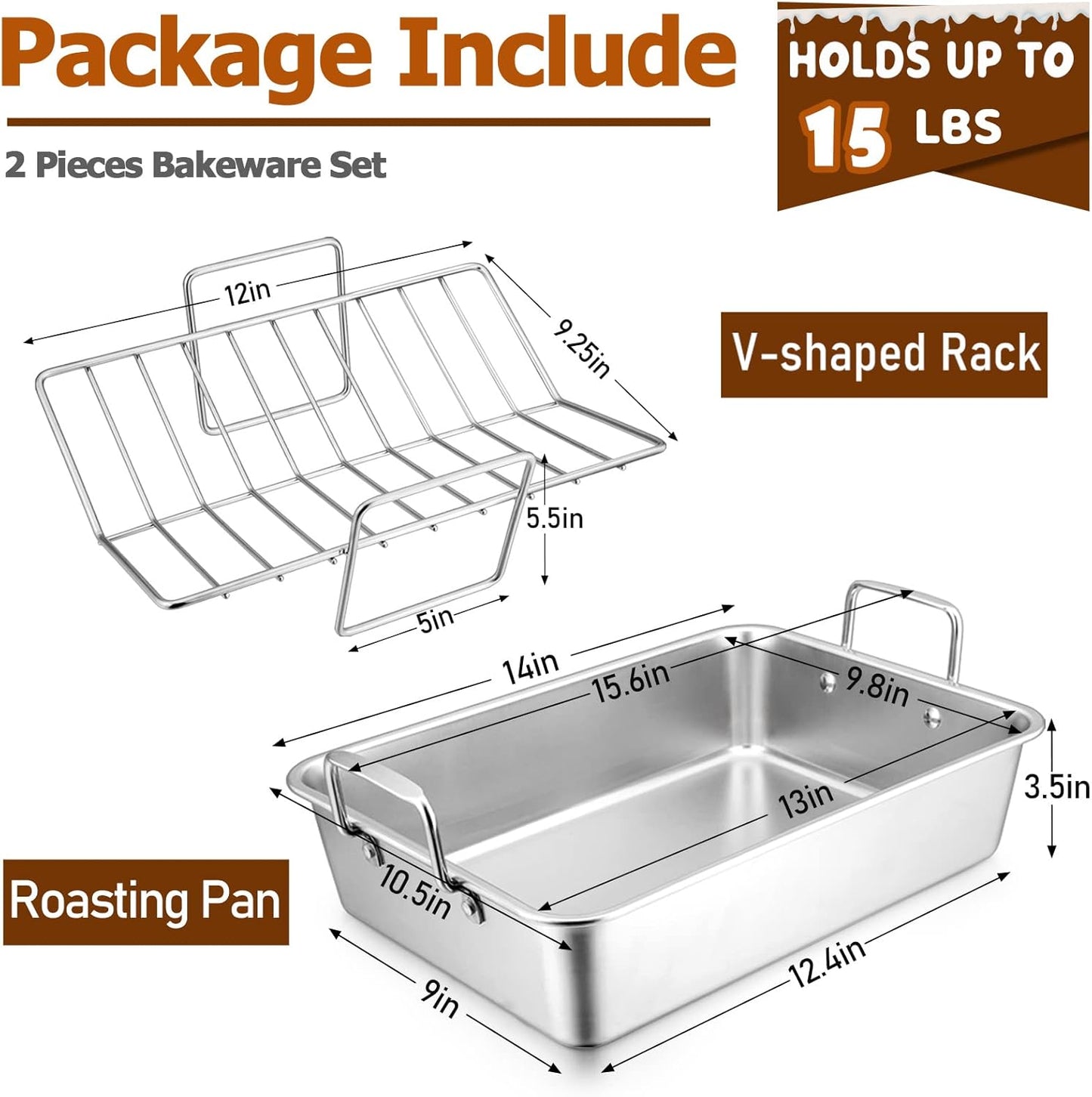 Roasting Pan with Rack for Turkey Chicken, Joyfair Stainless Steel Roaster Pan and V-rack for Toaster Oven, Rectangular Bakeware with Sturdy Handles, Heavy Duty & Dishwasher Safe (Small)