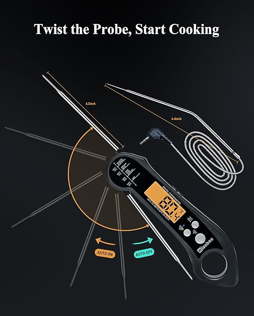 Wisebee 2-in-1 Meat Thermometer, Digital Instant Read Food Kitchen Thermometer with Dual Probes | Waterproof | Alarm Set | Calibration | Backlit | Hold Function for Cooking (Black)