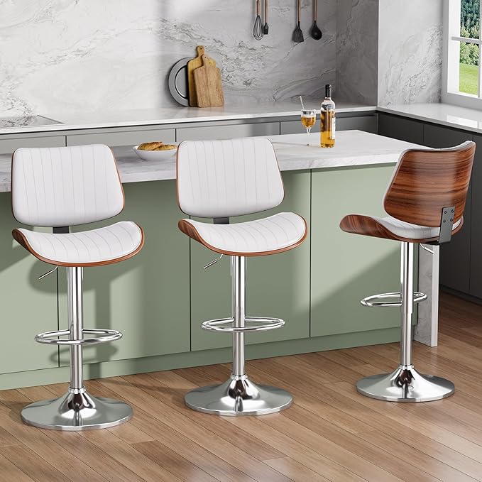 Swivel Bar Stools Set of 2, Adjustable Bentwood Barstools for Kitchen Counter, Modern PU Leather Upholstered Bar Chair with Back and Footrest, for Kitchen Island, Bar, Dining Room, Cafe, White