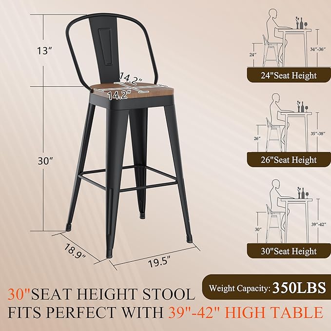 Aklaus Swivel Metal Bar Stools 30 inch Swivel Bar Height Barstools Set of 2 Modern Farmhouse Bar Chairs with High Backs and Large Wooden Seat for Kitchen Island Dining Room Matte Black