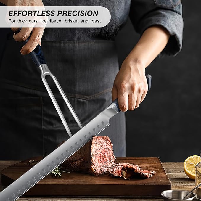 FINTISO BBQ Carving Knife Set, Brisket Slicing Knife and Fork Set, Japanese High Carbon Steel Slicing Knives with G10 Handle, Full Tang Ultra Sharp Meat Cleaver