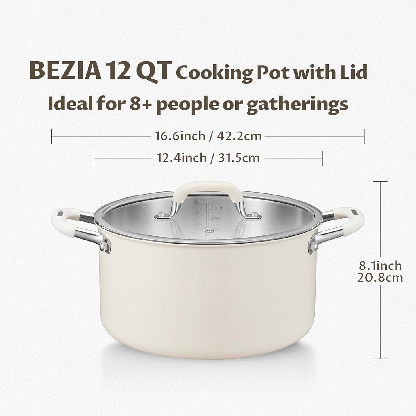 12 Quart Pot with Lid, BEZIA Tri-Ply Stainless Steel Stock Pots, Large Cooking Pots with Silicone Handle, Soup Pot for Induction Cooktop, Compatible with All Cooktops, Dishwasher Safe