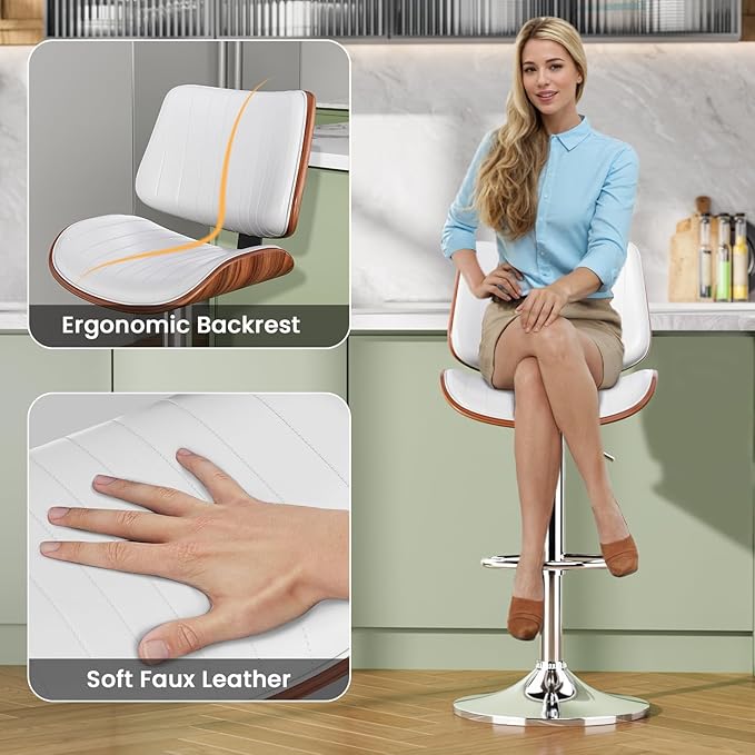 Swivel Bar Stools Set of 2, Adjustable Bentwood Barstools for Kitchen Counter, Modern PU Leather Upholstered Bar Chair with Back and Footrest, for Kitchen Island, Bar, Dining Room, Cafe, White