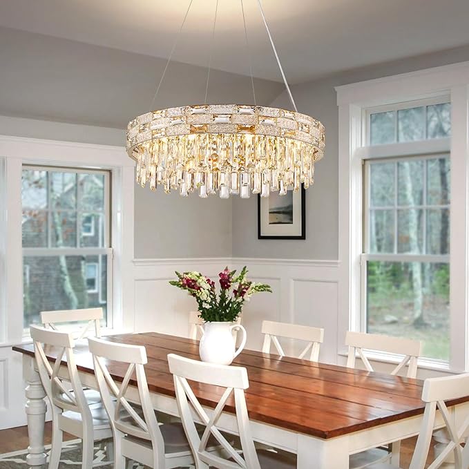 Modern Crystal Chandelier,8-Light Gold Chandelier Light Fixture Luxury K9 Crystal Oval Pendant Ceiling Light Fixture for Dining Living Room Kitchen Island Bar (D22.8Inch)