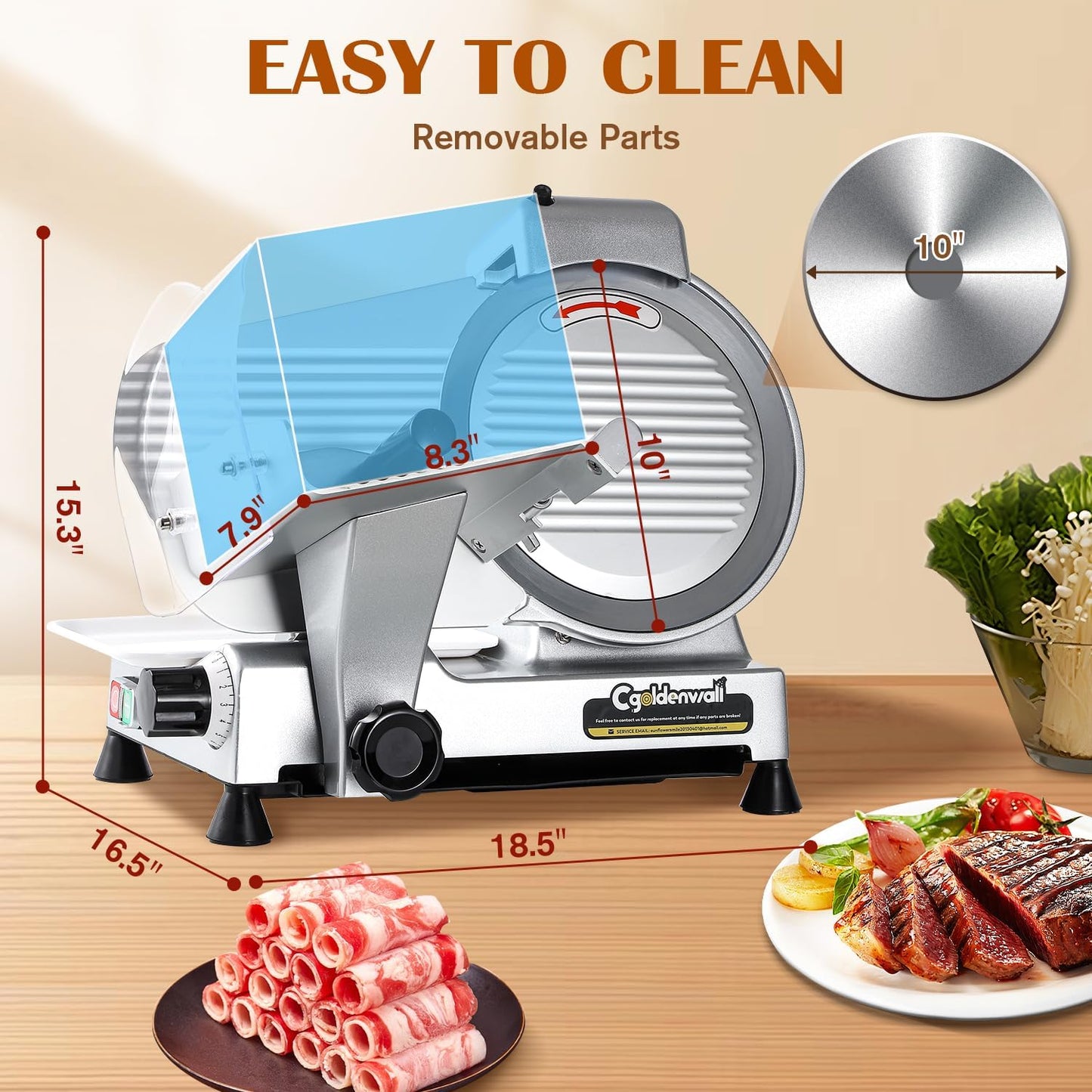 CGOLDENWALL Meat Slicer Machine, 10" 240W Electric Deli Meat Cheese Food Slicer, 0-1/2" Adjustable Thickness Semi-Auto Frozen Meat Slicer for Home & Commercial, Copper Motor Low Noise Durable