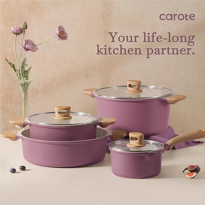 CAROTE 12 Pcs Pots and Pans Set Nonstick, Ceramic Cookware Set, Induction Cookware Non Stick Kitchen Cooking Set with Utensil and Pan Protectors, Purple