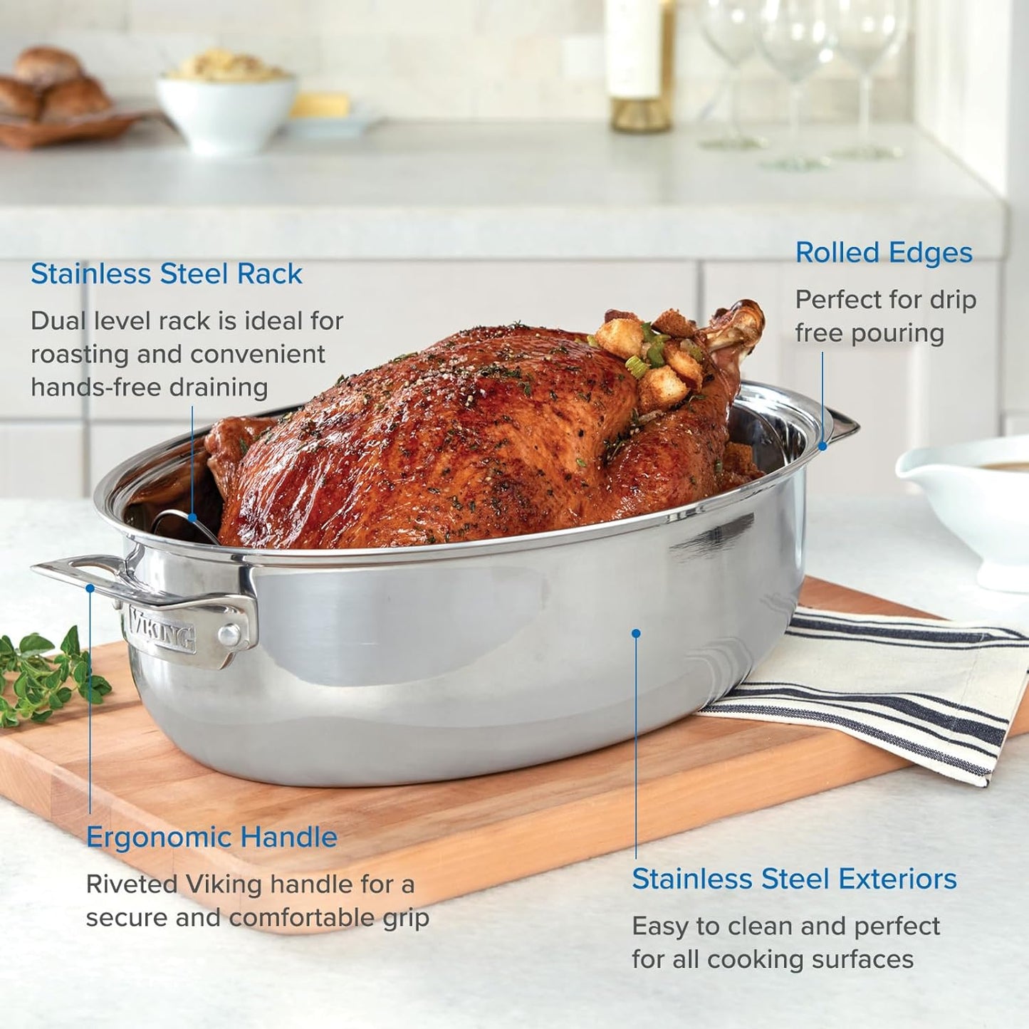 Viking 3-Ply Oval Roasting Pan, 8.5 Quart, Stainless Steel Kitchen Cookware with Metal Induction Lid and Rack, Great for Turkey, Dishwasher and Oven Safe, Silver