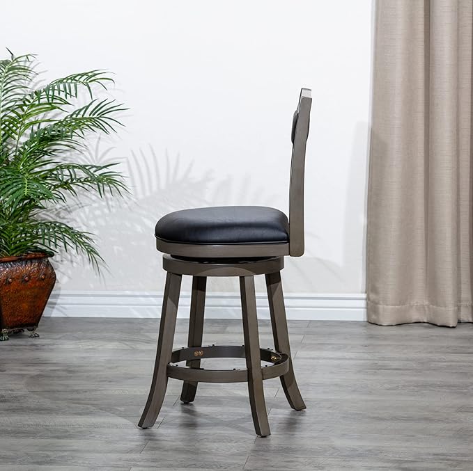 DTY Indoor Living Meeker X Back Fabric Swivel Stool, 30” Bar Height, Weathered Grey Finish, Black Leather Seat