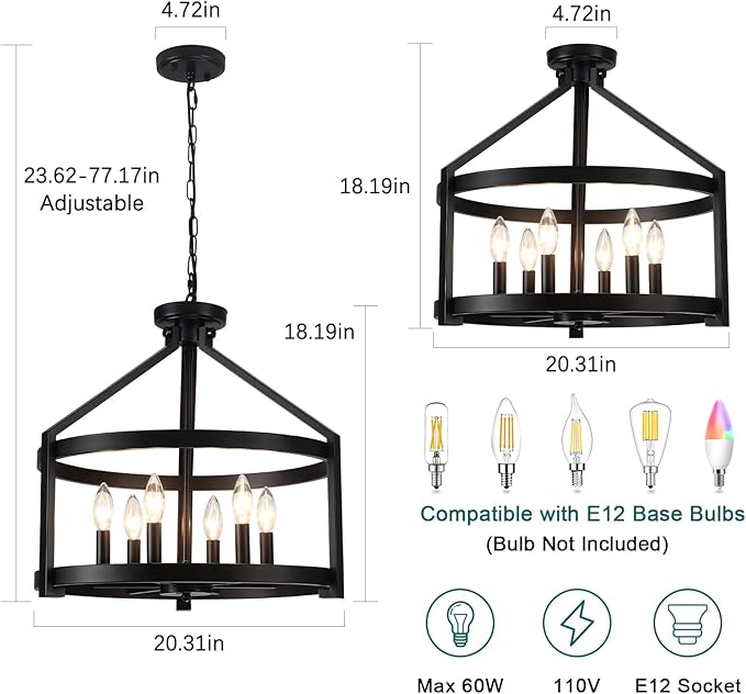 6-Light Black Farmhouse Chandelier for Dining Room,20" Modern Hanging Pendant Lighting for Kitchen Island,Rustic Semi Flush Mount Ceiling Light Fixture Drum Chandeliers for Foyer Kitchen Entryway
