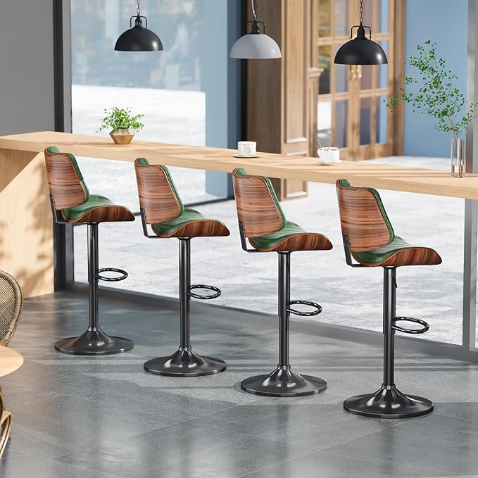 Swivel Bar Stools Set of 4, Adjustable Bentwood Barstools for Kitchen Counter, Modern PU Leather Upholstered Bar Chair with Back and Footrest, for Kitchen Island, Bar, Dining Room, Green