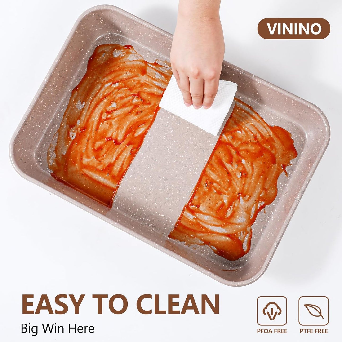 Vinino 8-Piece Baking Pans Set Nonstick, Bakeware Set includes Silicone Muffin, Loaf, Cake Pans with Metal Reinforced Frame, and Carbon Steel Roasting Pan, Cookie Sheet, Cooling rack for Oven