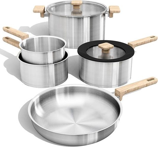 CAROTE 7 Pcs Stainless Steel Cookware Set, 3-ply Base Induction Available Stainless Steel Pots and Pans Set, Tempered Glass Lids, Induction Kitchen Cookware Sets, Stay-Cool Handles