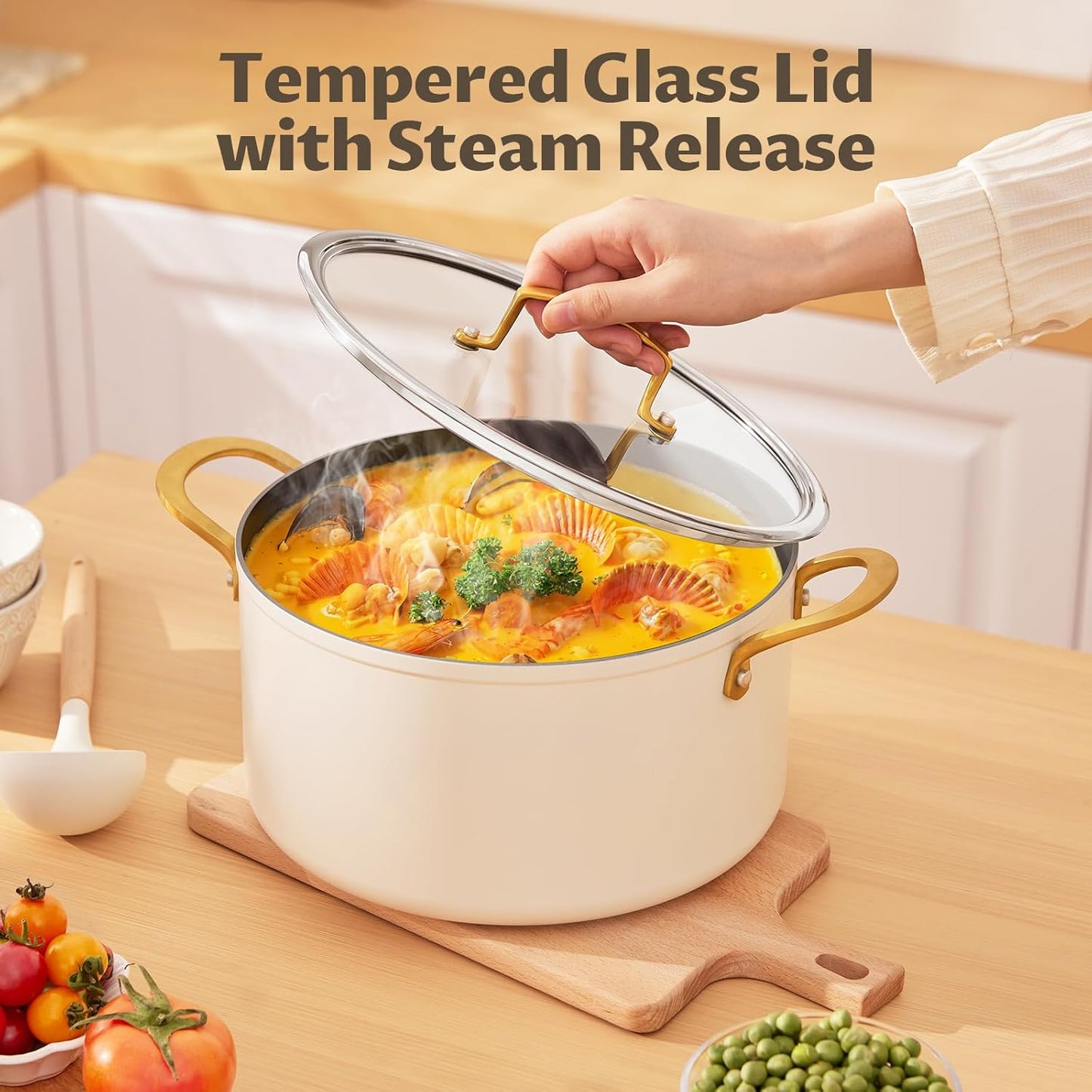 BEZIA 6 Quart Stock Pot with Lid,Ceramic Nonstick Cooking Pot,Soup Pot with Stainless Steel Handle, Tempered Glass Lid, Induction Compatible for Pasta, Soup, Spaghetti,Dishwasher Safe, Cream